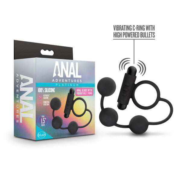 The image shows the Blush Anal Adventures Silicone Anal Beads with Vibrating Cock Ring, designed in black Ultrasilk Silicone. The product's packaging is featured on the left, highlighting its high-powered bullet feature, and the product itself is displayed on the right.