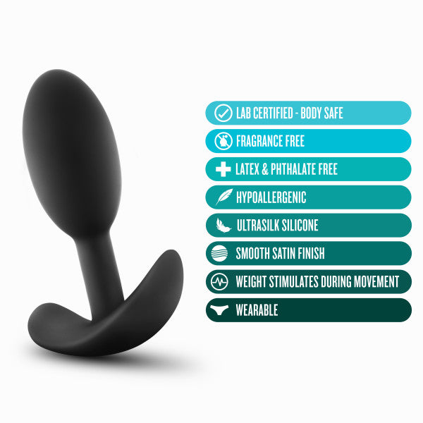 Image of the Blush Anal Adventures Slim Vibra Weighted Plug - Small in black silicone with a list of features to the right. Text reads: "Lab Certified - Body Safe, Fragrance-Free, Latex & Phthalate Free, Hypoallergenic, Ultrasilk Silicone, Smooth Satin Finish, Inner Weight Stimulation During Movement, Plug for Long-Term Wear.