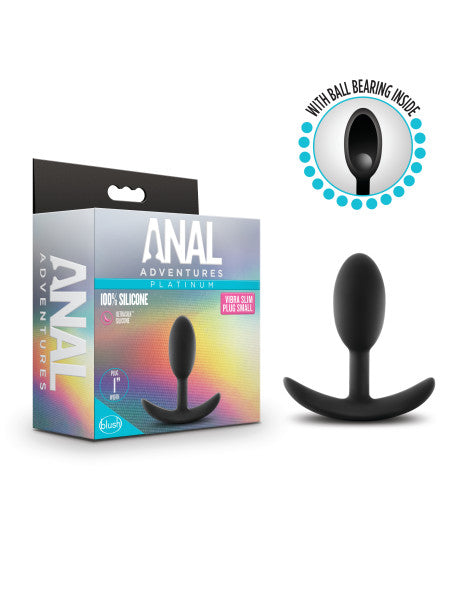 A small, black silicone butt plug from Blush is displayed alongside its packaging. The box, labeled "Anal Adventures Slim Vibra Weighted Plug - Small," features a window showcasing the product inside. There’s an inset image highlighting inner weight stimulation for enhanced pleasure.