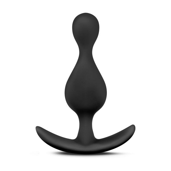 The Anal Adventures Wave Butt Plug by Blush is crafted from satin smooth silicone. It features a black, teardrop-shaped body and a curved T-bar base designed for comfort and safety.