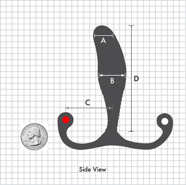 Side view diagram of an Aneros MGX Syn Trident Hands-Free Prostate Stimulator with labeled dimensions (A, B, C, and D). A red dot marks the upper curve's tip, and there is a hole at the lower curve's end. The ribbed stem ensures better prostate stimulation. A U.S. quarter coin is shown to the left for scale, with a grid background.