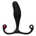 The black Aneros MGX Syn Trident Hands-Free Prostate Stimulator by Aneros features a curved, ribbed handle and a bulbous insertable end. Its ergonomic design includes two looped grips, one with a small red accent, ensuring ease of use for achieving intense prostate orgasms.