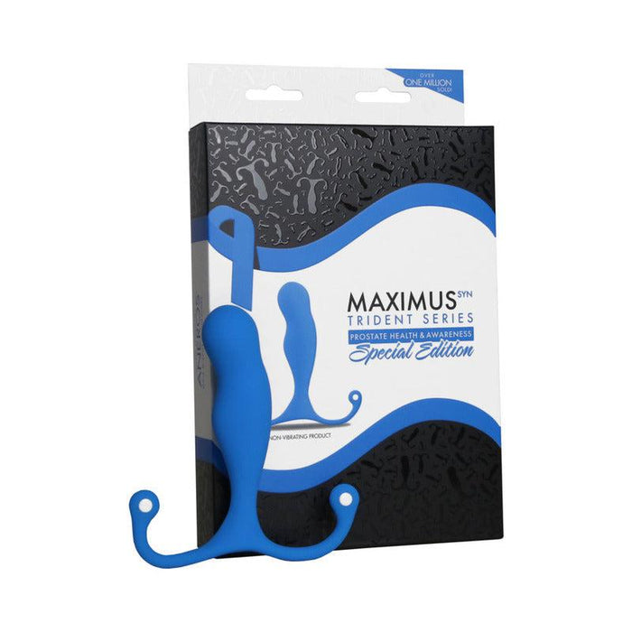 An Aneros Maximus Trident SYN Special Edition Blue Hands-Free Prostate Stimulator featuring a curved design and silicone coating is displayed beside its packaging. The box is black and white with blue accents, reading "MAXIMUS Trident Series Special Edition - Prostate Health & Awareness." Enjoy superior prostate stimulation with Multi-Axial Motion Architecture from Aneros.