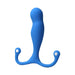 The Aneros Maximus Trident SYN Special Edition Blue Hands-Free Prostate Stimulator by Aneros is a blue silicone prostate massager with a smooth, curved design for advanced prostate stimulation. It features a bulbous head, a slender middle, and two flexible arms at the base with small circular holes at their ends for easy handling.