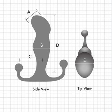 Diagram depicting dual perspectives of a contoured object set against a grid background. The side view is segmented into labeled sections: A, B, C, and D, while the top view is marked as E. The design evokes the form of the Aneros Progasm Ice Hands-Free Prostate Stimulator (Large) by Aneros, with each label representing distinct dimensions on its bulbous and tapered shape.