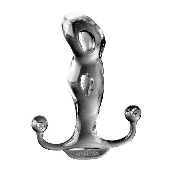 The Aneros Progasm Ice Hands-Free Prostate Stimulator (Large) by Aneros is a transparent, ergonomically designed device with a curved structure and two rounded handles at the base for improved prostate stimulation.