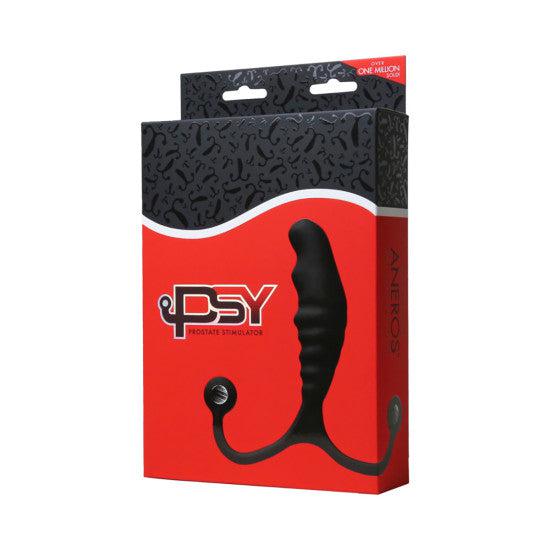 A rectangular red and black box showcases the Aneros Psy Adjustable Prostate Stimulator, featuring adjustable arms and tabs. The front of the packaging displays an image of the black, curved, silicone-coated device with a handle. It proudly highlights that "over one million" units have been sold.