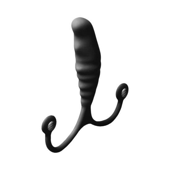 An Aneros Psy Adjustable Prostate Stimulator, a black silicone-coated device with a ribbed, curved design featuring adjustable arms at the base that each end in a round tip.