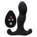 The Aneros Vice 2 Vibrating Remote Control Prostate Stimulator by Aneros is a black massager with two curved ends, boasting a sleek, smooth design. It comes with an ergonomic wireless remote control that features a digital display and three buttons for adjustment.