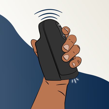 Illustration of a hand holding the Arcwave Ion Pleasure Air Penis Masturbator by WOW, emitting waves from the top to stimulate Pacinian receptors. The background features a gradient of dark blue transitioning to a lighter shade with a curved dividing line. The black device has a small button on its side.