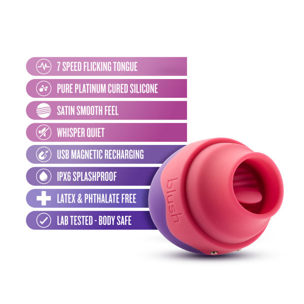 The Blush Aria Flutter Tongue Clitoral Licking Oral Sex Vibrator in pink and red features a 7-speed flicking tongue, pure platinum cured silicone, satin smooth feel, whisper quiet operation, USB magnetic recharging, IPX6 splashproof design, and is made from latex & phthalate free material that is lab tested to be body safe.