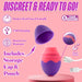 A promotional image showcases the Aria Flutter Tongue Clitoral Licking Oral Sex Vibrator, a small, purple and pink egg-shaped device by Blush. It boasts features such as "Pocket-Sized Travel-Friendly," "USB Charging," and a "5 Year Warranty." Designed as a silicone arouser with 7 vibration modes, the product also includes a storage cap, pouch, and charging cable.