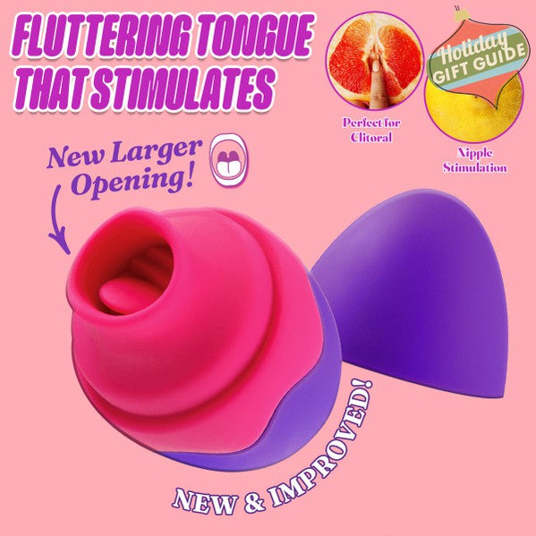 The Aria Flutter Tongue Clitoral Licking Oral Sex Vibrator by Blush is showcased against a pink backdrop. Made from body-safe silicone, this pink vibrator features a larger opening and a fluttering tongue for enhanced stimulation. The text highlights its key benefits: "Fluttering Tongue That Stimulates," "Perfect for Clitoral & Nipple Stimulation," and "New & Improved Vibration Modes!