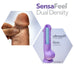 The image displays a realistic, dual-density sex toy labeled "Au Naturel 6.5 Inch Dual Density Suction Cup Dildo - Vanilla" by Blush. One hexagonal inset shows the toy being squeezed to reveal its ultrasoft outer layer, while another inset highlights its firm, pliable core. The toy also features a sturdy suction cup for versatile use.