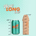 A can of Betty Soda is placed next to a wooden phallic-shaped ruler marked with inch measurements. The can's height is measured at 4.83 inches, while the ruler has a height of 6.5 inches. The background is light green with a dotted pattern and text saying, "How LONG is it?" Perfect for measuring your Au Naturel 6.5 Inch Dual Density Suction Cup Dildo from Blush!