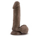 The Au Naturel 8 Inch Dual Density Suction Cup Dildo with Balls - Chocolate by Blush is shown upright. This realistic dildo features a textured shaft, pronounced head, and testicles for a lifelike appearance, making it perfect for use with your favorite strap-on harness.