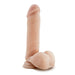 The Blush Au Naturel 8 Inch Dual Density Suction Cup Dildo with Balls in Vanilla features a realistic silicone design with a flesh-tone color, complete with a rounded head, veined shaft, and testicles, standing upright on its suction cup base.