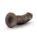 Image of the Blush Au Naturel 8 Inch Realistic Feel Dual Density Suction Cup Dildo in Dark Chocolate, showcasing its lifelike detailed textures and veins. The dildo, equipped with a flexible spine and a strong suction cup base, is positioned horizontally against a white background.