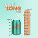 A turquoise soda can labeled "Betty Soda" is shown beside a wooden dildo-shaped ruler, the Blush Au Naturel 8 Inch Realistic Feel Dual Density Suction Cup Dildo in Dark Chocolate. The can measures 4.83 inches in height, while the dildo stands at 8 inches tall. The background features a dotted gradient design with the text "How long is it?" at the top.