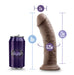 A comparison image shows a soda can next to the Au Naturel 8 Inch Realistic Feel Dual Density Suction Cup Dildo in Dark Chocolate. The can is labeled "Blush" and stands 8 inches tall, while the dildo, from Blush, features a 7.5-inch insertable length, a circumference of 6.25 inches, a diameter of 2 inches, and includes a strong suction cup.