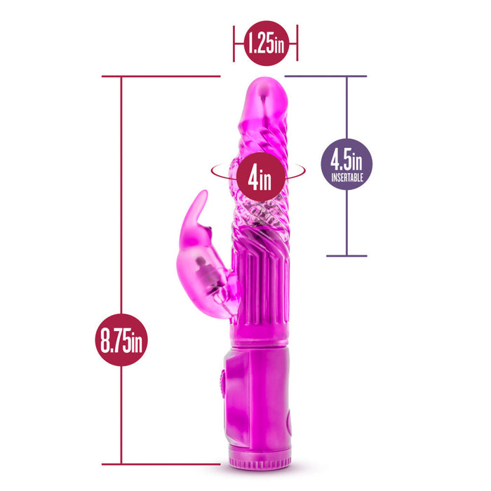 The B Yours Beginner Bunny Rabbit Vibrator by Blush, available in various colors including pink, offers multiple vibration modes for diverse pleasure experiences. Measuring a total length of 8.75 inches with an insertable length of 4.5 inches, it features a 1.25-inch head diameter and a 4-inch girth. Its elegant curved design includes a phthalate-free, rabbit-shaped stimulator on the side to enhance stimulation.