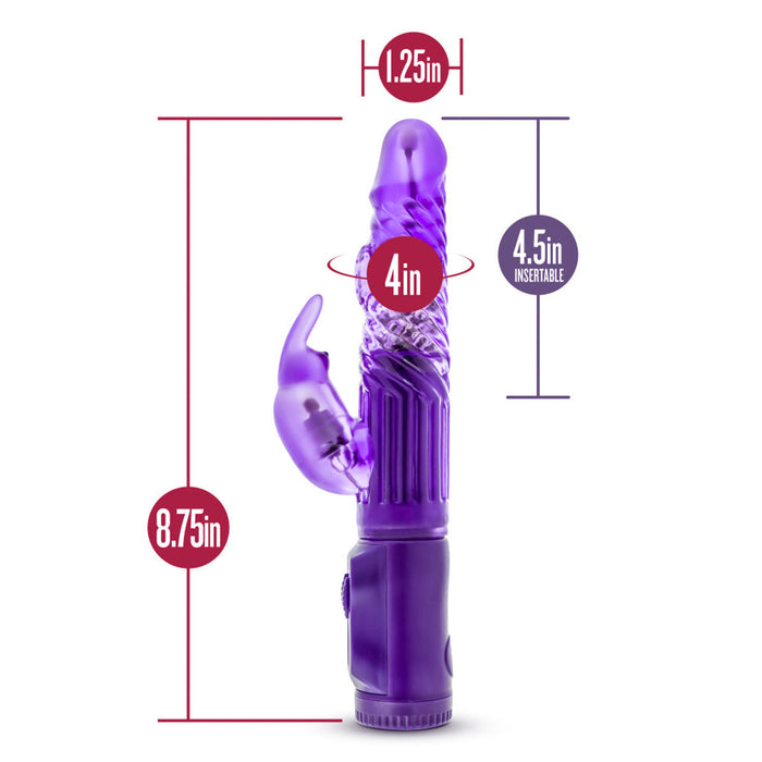 Image of a B Yours Beginner Bunny Rabbit Vibrator by Blush in purple, featuring measurements labeled: 8.75 inches total length, 4.5 inches insertable length, 1.25 inches width, and 4 inches circumference. The waterproof vibrator includes a rabbit-style clitoral stimulator attachment, multiple vibration settings, and a textured shaft.