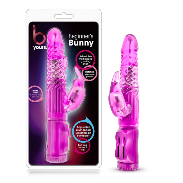 Packaging and product view of the "B Yours Beginner Bunny Rabbit Vibrator - Various Colors" by Blush. The packaging indicates features such as adjustable multi-speed vibration, rotating pleasure beads, soft and flexible material, waterproof design, and a motor in the bunny ears for extra stimulation.