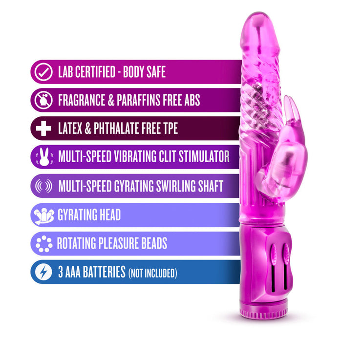 An image of the B Yours Beginner Bunny Rabbit Vibrator - Various Colors by Blush, showcasing a pink vibrator with multiple vibration settings. It features lab certification for body safety, is fragrance and paraffin-free, made of latex and phthalate-free TPE material, offers various speed and gyration options, and requires 3 AAA batteries.