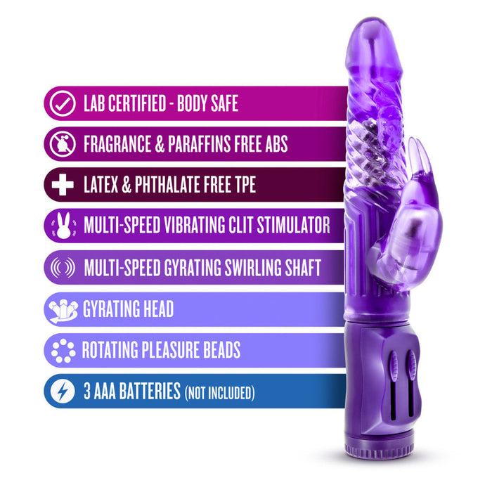 The B Yours Beginner Bunny Rabbit Vibrator by Blush, available in various colors, features a rabbit-shaped clit stimulator, rotating beads, and multiple vibration settings. It is body-safe, fragrance-free, and both latex and phthalate-free. Highlights include a swirling shaft, gyrating head, and it requires 3 AAA batteries (not included).