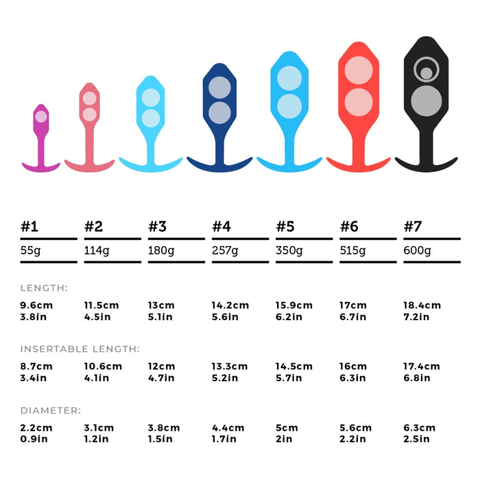 A visual chart displaying seven differently colored, progressively larger B-vibe Snug Plugs labeled from #1 to #7, with corresponding weights, insertable lengths, and diameters. Made from silky silicone and waterproof, the data includes weights in grams, insertable lengths in cm/inches, and diameters in cm/inches. The first plug is the B-vibe Snug Plug 1 Weighted Silicone Butt Plug - 2 oz - Black by b-Vibe.