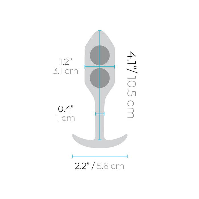 A diagram illustrating the dimensions of the b-Vibe Snug Plug 2 Weighted Silicone Butt Plug - 5 oz - Black, featuring a bulbous shape and a curved base. The snug plug measures 4.1 inches (10.5 cm) in height, with the wider part being 1.2 inches (3.1 cm) wide, the narrower part being 0.4 inches (1 cm) wide, and the base measuring 2.2 inches (5 cm).