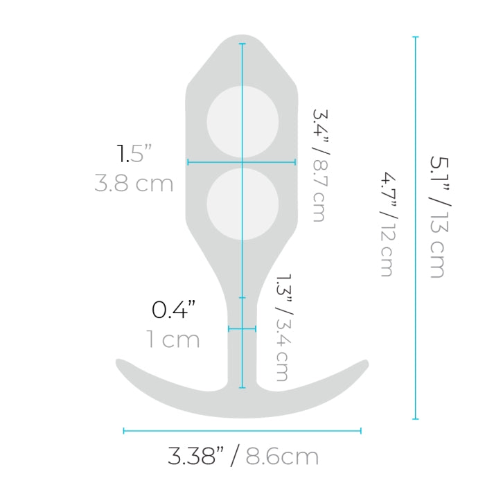 A diagram illustrating the dimensions of a grey-colored B-vibe Snug Plug 3 weighted silicone butt plug. The Snug Plug is 5.1 inches (13 cm) in height and has a width of 3.38 inches (8.6 cm). Other measurements include circles with a diameter of 1.5 inches (3.8 cm) and a thickness of 0.4 inches (1 cm).