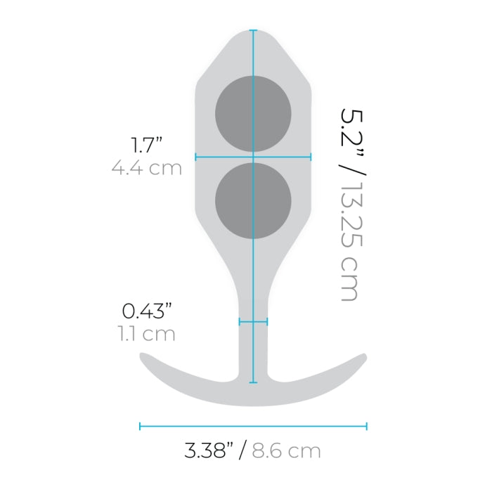 A diagram illustrating the b-Vibe Snug Plug 4 XL Weighted Silicone Butt Plug (9 oz) – Black reveals a plug-shaped object with precise measurements. The total height of the product is 5.2 inches (13.25 cm). The width at its widest point measures 3.38 inches (8.6 cm), while the narrowest part has a width of just 0.43 inches (1.1 cm). Additionally, two circular sections are marked with a height of 1.7 inches (4 cm).