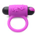 The XR Brands BANG! Couple's Cock Ring from the Finger Vibe, Bullet & Blindfold Kit features a flexible purple silicone ring with "BANG!" embossed on the top and a rounded, black vibrating bullet at the tip. The power button is visible on the tip of the vibrating bullet.