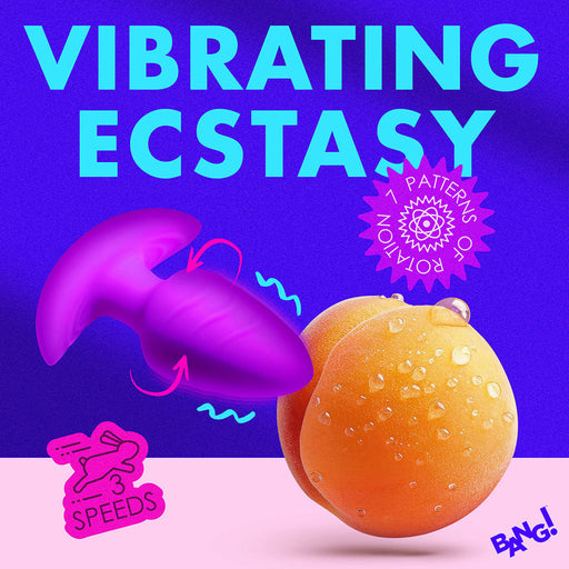 A brightly designed advertisement features a purple XR Brands BANG! Rotating & Vibrating Silicone Butt Plug with Remote made of silky smooth silicone on the left next to an orange peach on the right. Text reads "Vibrating Ecstasy" on top, with icons showing "3 speeds" and "7 patterns rotation" above the word "BANG!" at the bottom.