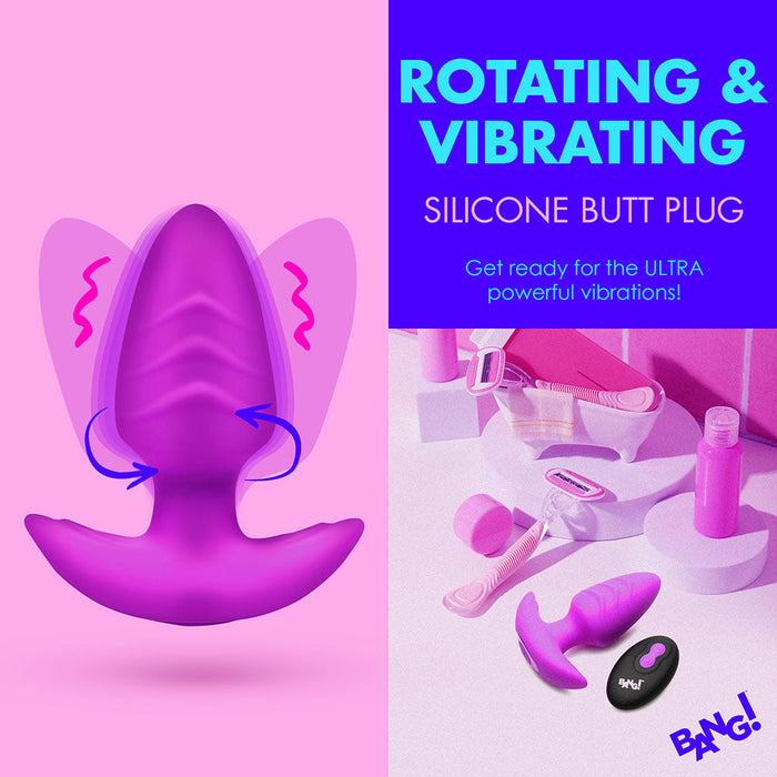 The image showcases a pink and purple themed advertisement for the BANG! Rotating & Vibrating Silicone Butt Plug with Remote by XR Brands. The product is depicted with arrows emphasizing its vibration and rotation functions. Also visible are supplementary items such as a razor and a wireless remote control. The text reads "ROTATING & VIBRATING SILICONE BUTT PLUG.