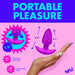 A vibrant promotional image shows a hand holding a purple silicone pleasure toy with dimensions indicated: 3.9 inches and 3.1 inches. The text reads, "PORTABLE PLEASURE" and mentions "Silky Smooth Silicone" and "Phthalate Free." The brand name "XR Brands BANG! Rotating & Vibrating Silicone Butt Plug with Remote" is displayed.