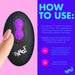 An instructional graphic for the BANG! Rotating & Vibrating Silicone Butt Plug with Remote by XR Brands, a small black device with purple buttons labeled "BANG!". Made of silky smooth silicone, the text instructs users to hold the power button for 3 seconds to turn on/off and to press repeatedly to cycle through 3 speeds and 7 vibration patterns.