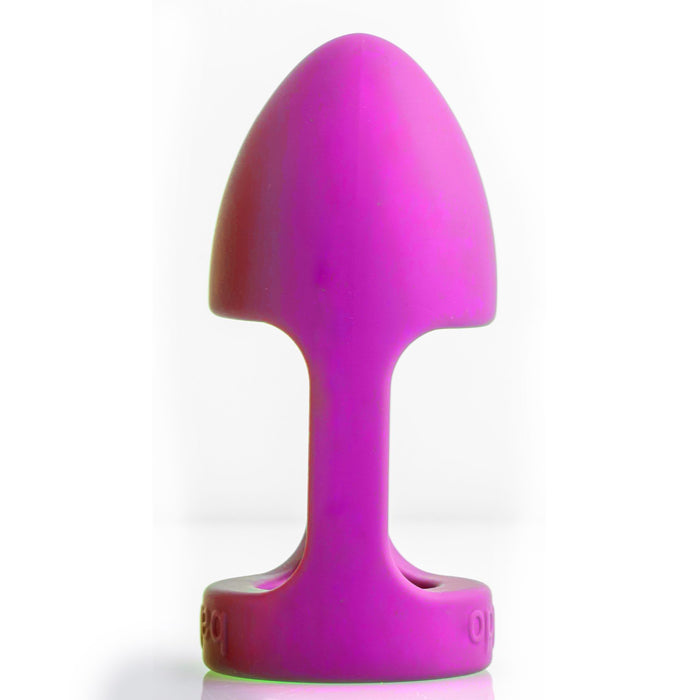 A close-up image of the Balldo: The World's First Ball Dildo in purple. This innovative toy by Balldo features a smooth, bulbous head and a flared, flat base for safety. Made from soft and flexible silicone, it is designed for comfortable use during testicle penetration play.