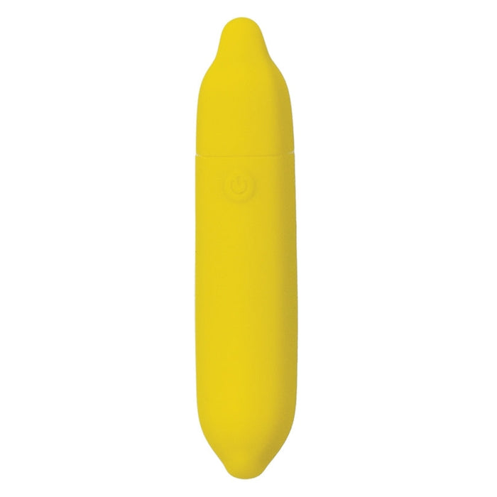 The Banana Emojibator Ultra Discreet First Time Bullet Vibrator by Dame Products is a small, yellow, banana-shaped object with a smooth silicone surface and a power button in the middle. Its design is simple and modern, resembling a ripe banana in both color and shape. This waterproof toy also features 10 vibration patterns for versatile use.