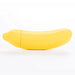 A yellow, banana-shaped plastic container from Dame Products sits against a white background. The Banana Emojibator Ultra Discreet First Time Bullet Vibrator is waterproof and has a smooth texture, appearing to open in the middle to resemble a real banana. This high-quality silicone toy features 10 vibration patterns for added fun.