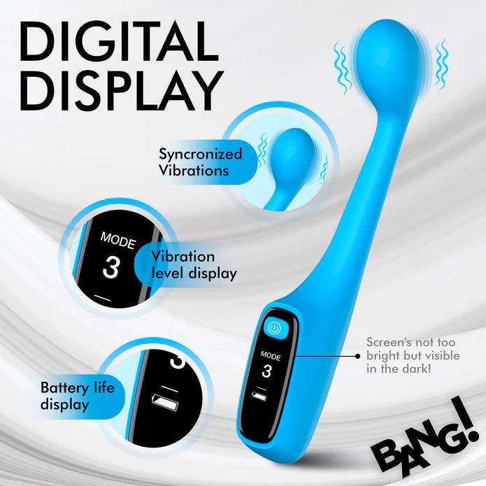 Presenting the Bang! First Time G-Spot Vibrator with Digital Display by XR Brands, available in a sleek blue silicone design. It features a digital display that shows the current mode, vibration level, and battery life. The graphic showcases synchronized vibrations, with "Mode 3" indicated on the screen alongside a battery icon. The word "Bang!" stands prominently in the corner for emphasis.