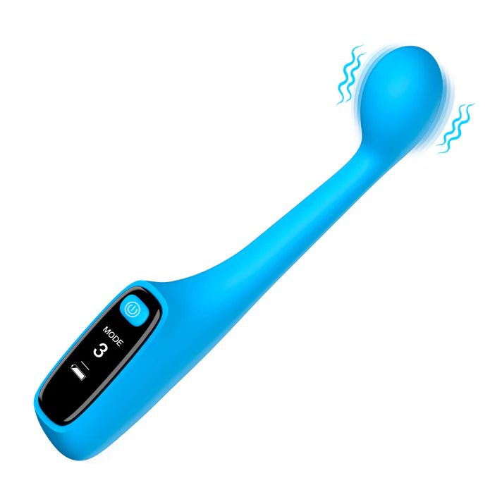 The Bang! First Time G-Spot Vibrator with Digital Display from XR Brands is a blue, ergonomic silicone vibrator featuring a round tip and vibration waves. It includes an LED display that shows mode 3 and is USB rechargeable. The device has a power button and appears designed for personal use, likely as a G-Spot Vibrator or massager.
