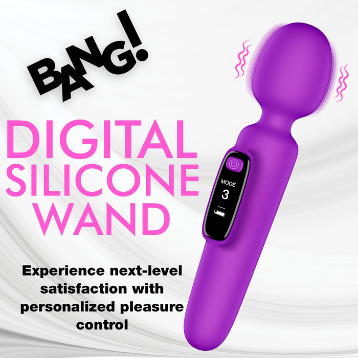 A purple Bang! First Time Wand Vibrator with Digital Display by XR Brands, featuring a digital silicone design, an LED screen displaying "MODE 3," and a power button, is positioned against a white and light gray background. The text reads "BANG! DIGITAL SILICONE WAND" and "Experience next-level satisfaction with personalized pleasure control.