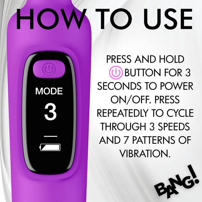 Here is a revised sentence using the provided product data:

An instructional image for the XR Brands' Bang! First Time Wand Vibrator with Digital Display - Purple, showing a digital screen with "MODE 3" and a battery level icon. Text instructs: "Press and hold the power button for 3 seconds to power on/off. Press repeatedly to cycle through 3 speeds and 7 vibration patterns.