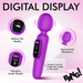 A promotional image of the Bang! First Time Wand Vibrator with Digital Display - Purple by XR Brands, showcasing its purple silicone design and advanced digital display features. The image emphasizes its battery life and vibration mode indicators, along with synchronized vibrations. The rechargeable device's screen is visible in low light. Text reading "BANG!" appears at the bottom right.