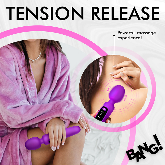 A woman in a pink robe holds the XR Brands Bang! First Time Wand Vibrator with Digital Display - Purple against her thigh. The image highlights the digital silicone wand vibrator with a close-up showing its usage and a caption that reads "Powerful massage experience!" The words "Tension Release" are prominently displayed at the top.