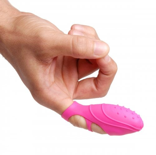 A hand with a thumb pointing up, wearing the Bang Her Silicone G-Spot Finger Vibrator by XR Brands in pink, featuring a textured silicone TPE/TPR cover.