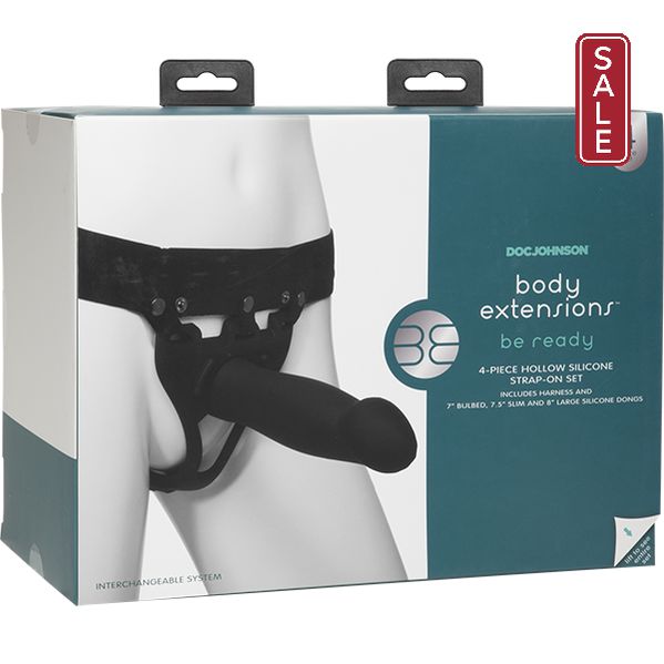 Body Extensions Be Ready Hollow Strap-On Set with 3 Attachments by Doc Johnson box