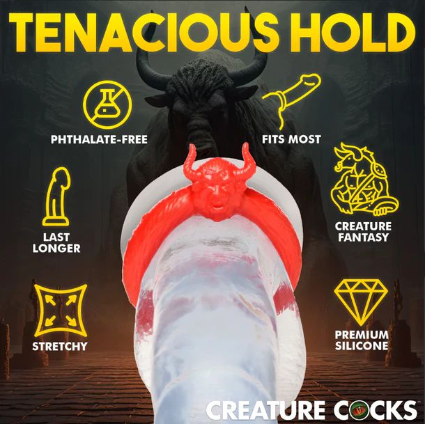 An image advertising the "Beast Mode Fantasy Cock Ring" by XR Brands, showcasing a silicone sleeve with a red demon-shaped handle. The text highlights features such as "Phthalate-Free," "Fits Most," "Last Longer," "Creature Fantasy," and "Premium, Stretchy Silicone" for an intense climax. Get ready to unleash your Beast Mode c-ring experience!